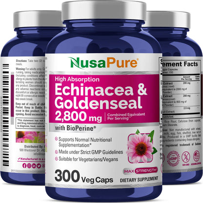 NusaPure Echinacea Goldenseal 200mg, (Extract 10:1, Equivalent to 2,000mg), 200mg, (Extract 4:1, Equivalent to 800mg) - 2800mg 300 Veggie Caps (Vegetarian, Non-GMO, Vegan) - Maple Wellness Supplements