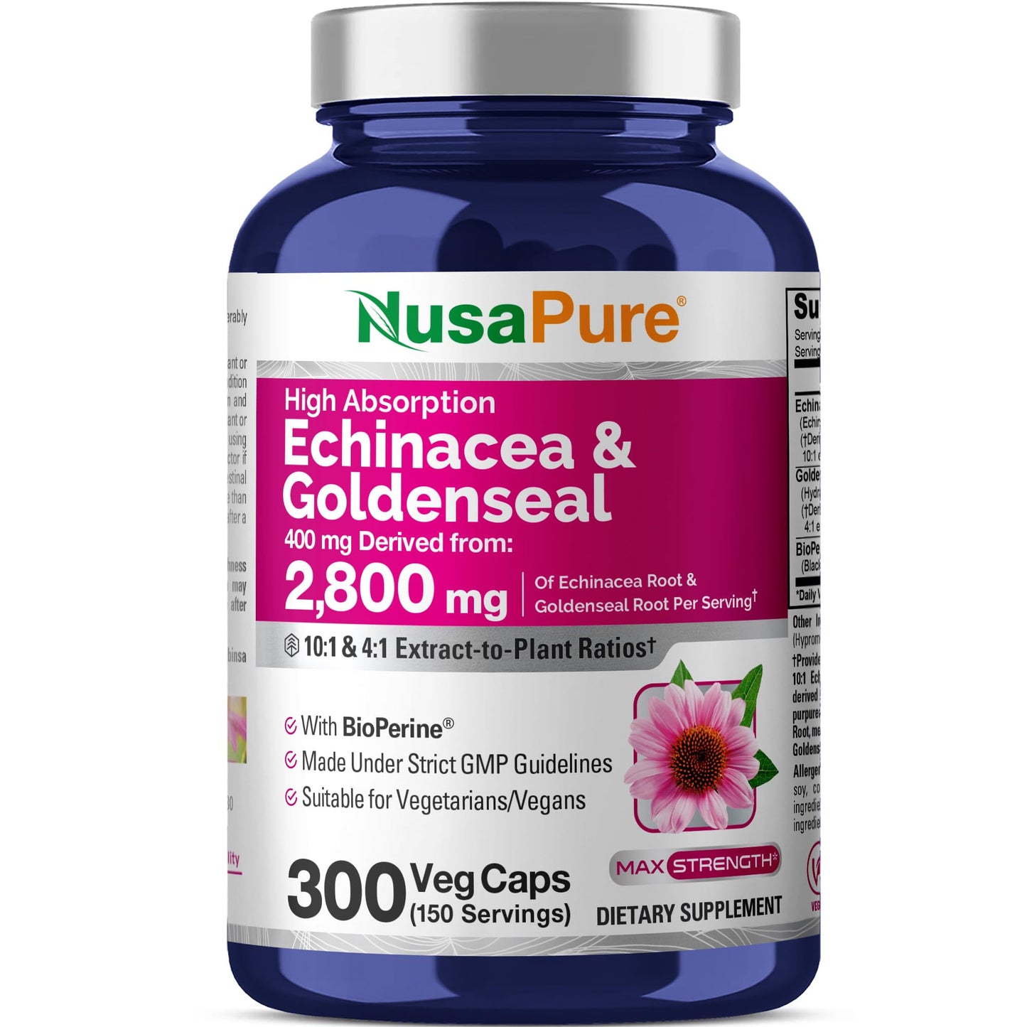 NusaPure Echinacea Goldenseal 200mg, (Extract 10:1, Equivalent to 2,000mg), 200mg, (Extract 4:1, Equivalent to 800mg) - 2800mg 300 Veggie Caps (Vegetarian, Non-GMO, Vegan) - Maple Wellness Supplements
