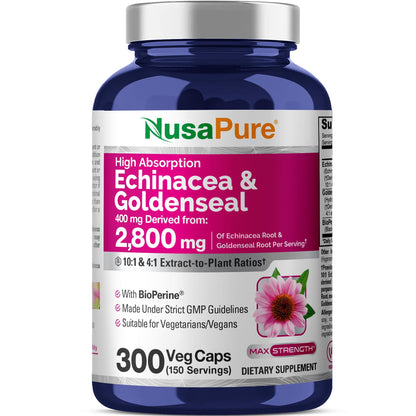 NusaPure Echinacea Goldenseal 200mg, (Extract 10:1, Equivalent to 2,000mg), 200mg, (Extract 4:1, Equivalent to 800mg) - 2800mg 300 Veggie Caps (Vegetarian, Non-GMO, Vegan) - Maple Wellness Supplements