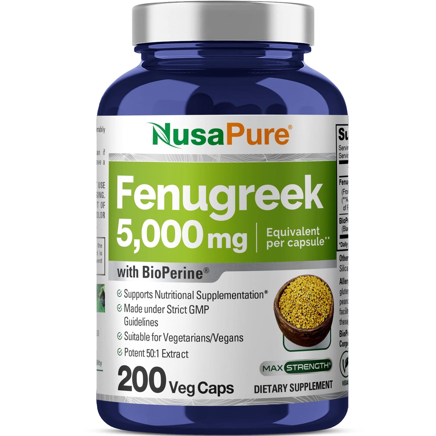NusaPure Fenugreek Capsules, 50:1 Extract, 100 mg Equivalent to 5,000mg, 200 Veggie Caps, Non-GMO, Vegan - Maple Wellness Supplements