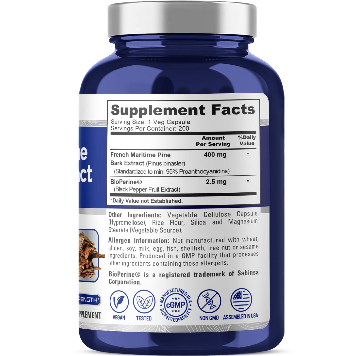 NusaPure French Maritime Pine Bark Extract 400mg per Veggie Caps 200-Day Supply Bioperine Non-GMO Vegan - Maple Wellness Supplements