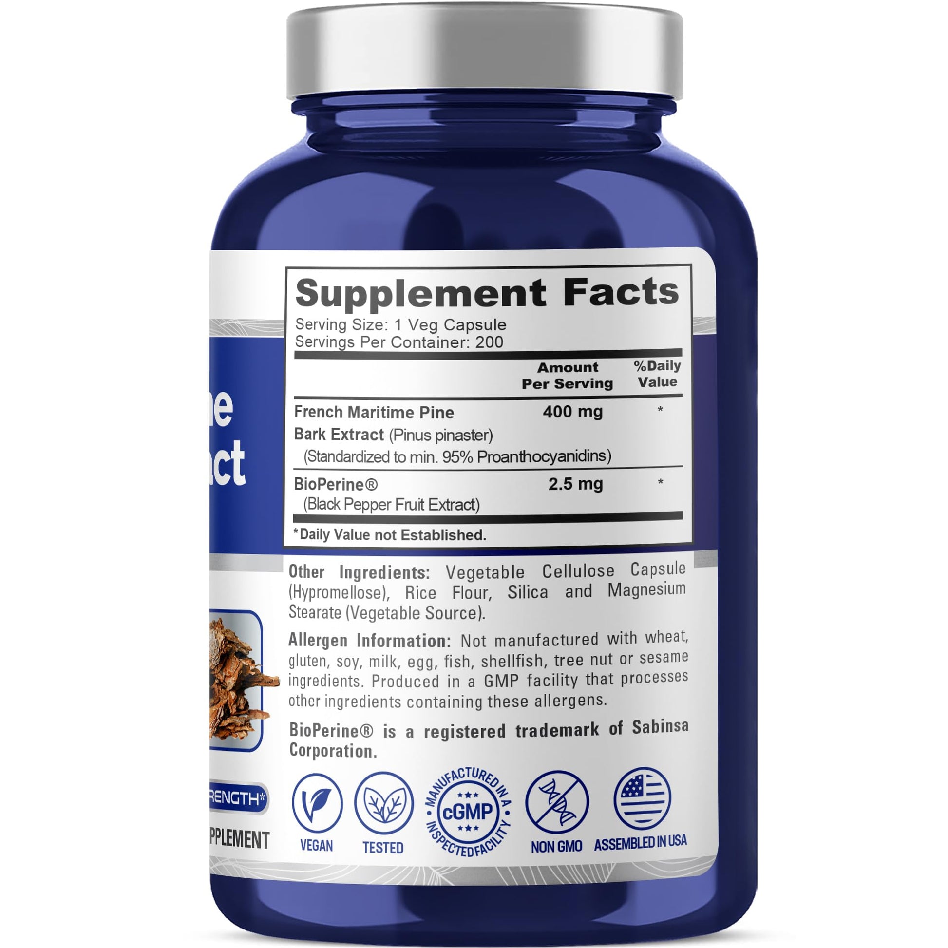NusaPure French Maritime Pine Bark Extract 400mg per Veggie Caps 200-Day Supply Bioperine Non-GMO Vegan - Maple Wellness Supplements