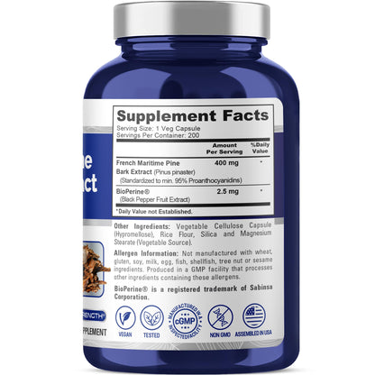 NusaPure French Maritime Pine Bark Extract 400mg per Veggie Caps 200-Day Supply Bioperine Non-GMO Vegan - Maple Wellness Supplements