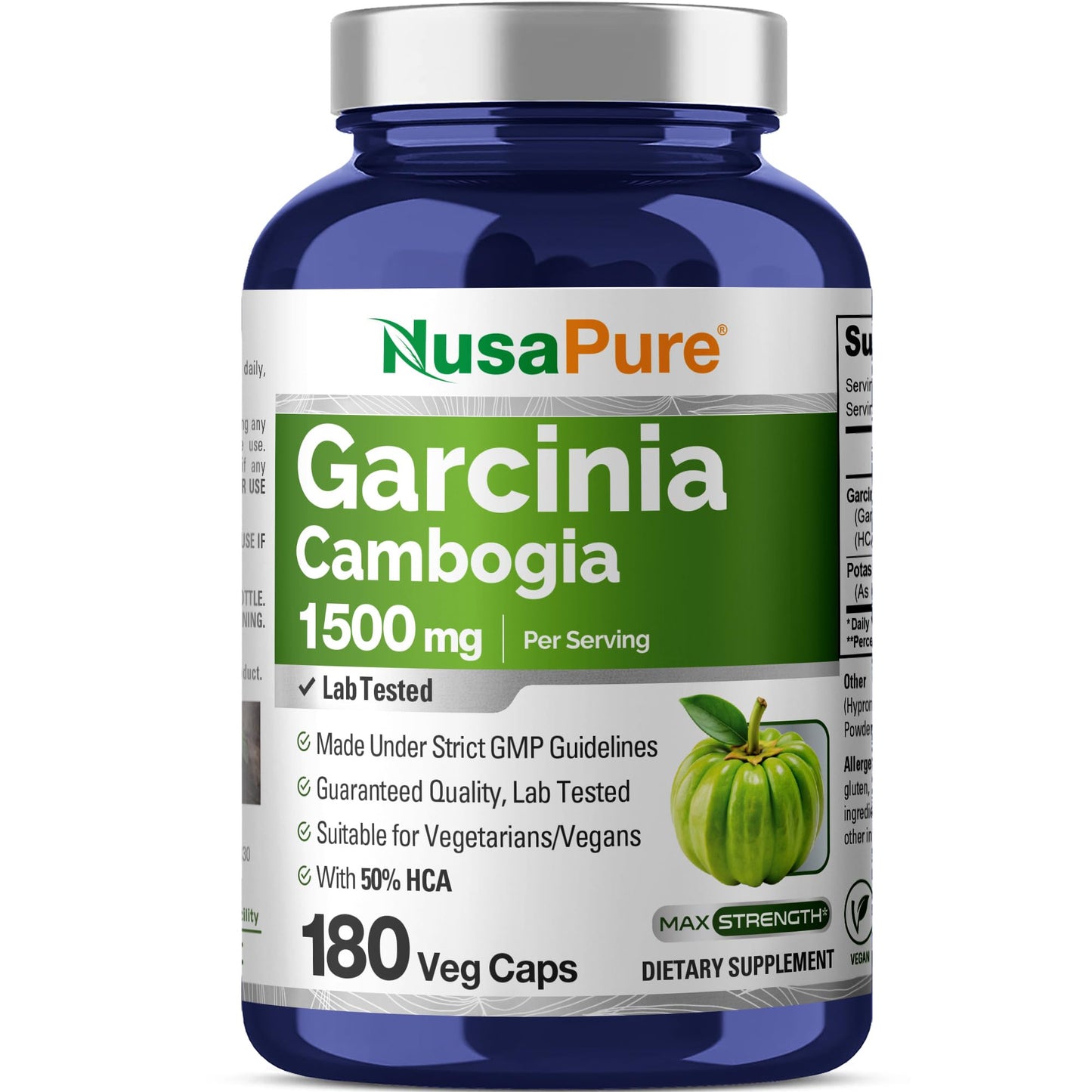 NusaPure Garcinia Cambogia 180 Veggie Capsules 1500mg (Vegetarian, Non-GMO, Vegan) - Maple Wellness Supplements