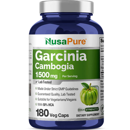 NusaPure Garcinia Cambogia 180 Veggie Capsules 1500mg (Vegetarian, Non-GMO, Vegan) - Maple Wellness Supplements