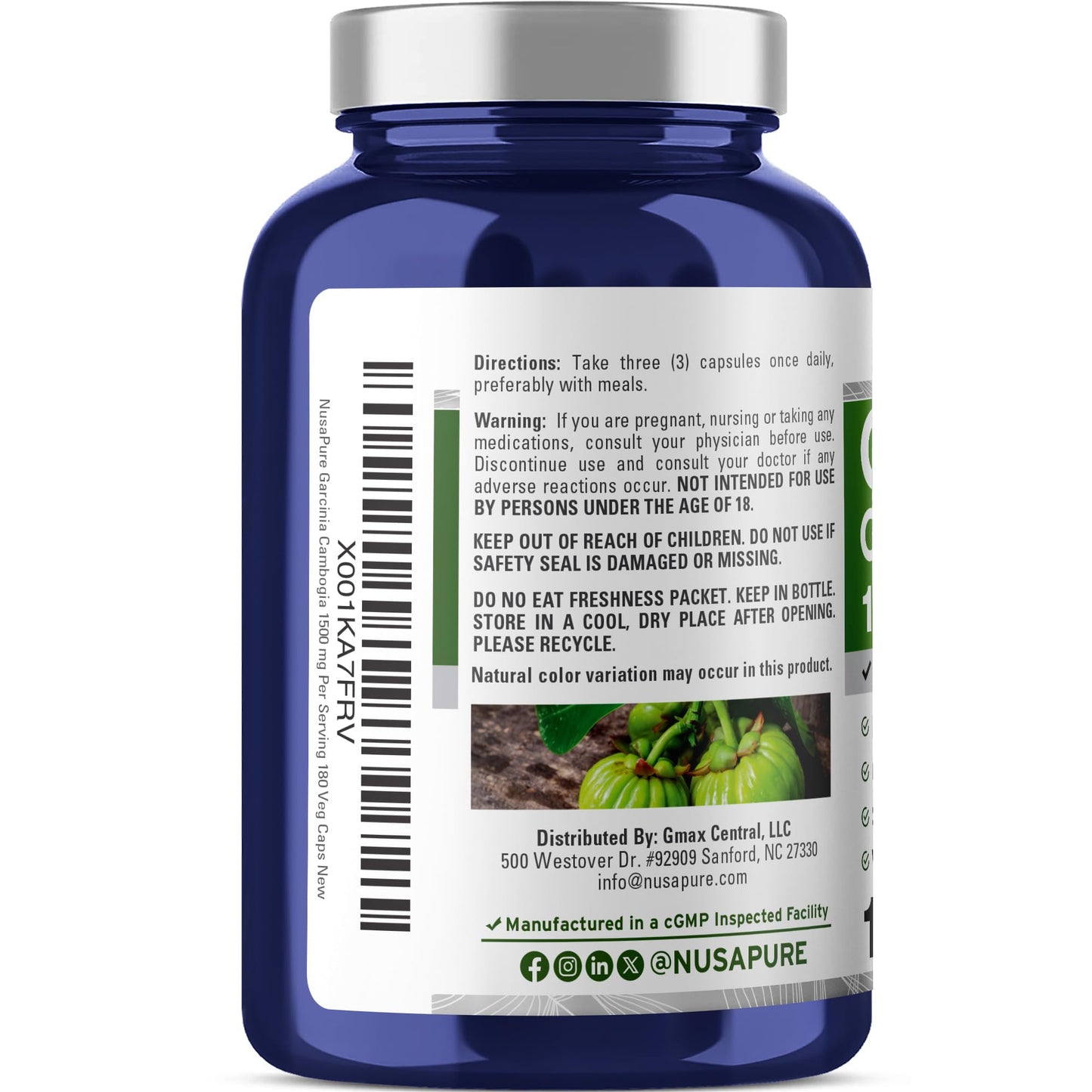 NusaPure Garcinia Cambogia 180 Veggie Capsules 1500mg (Vegetarian, Non-GMO, Vegan) - Maple Wellness Supplements