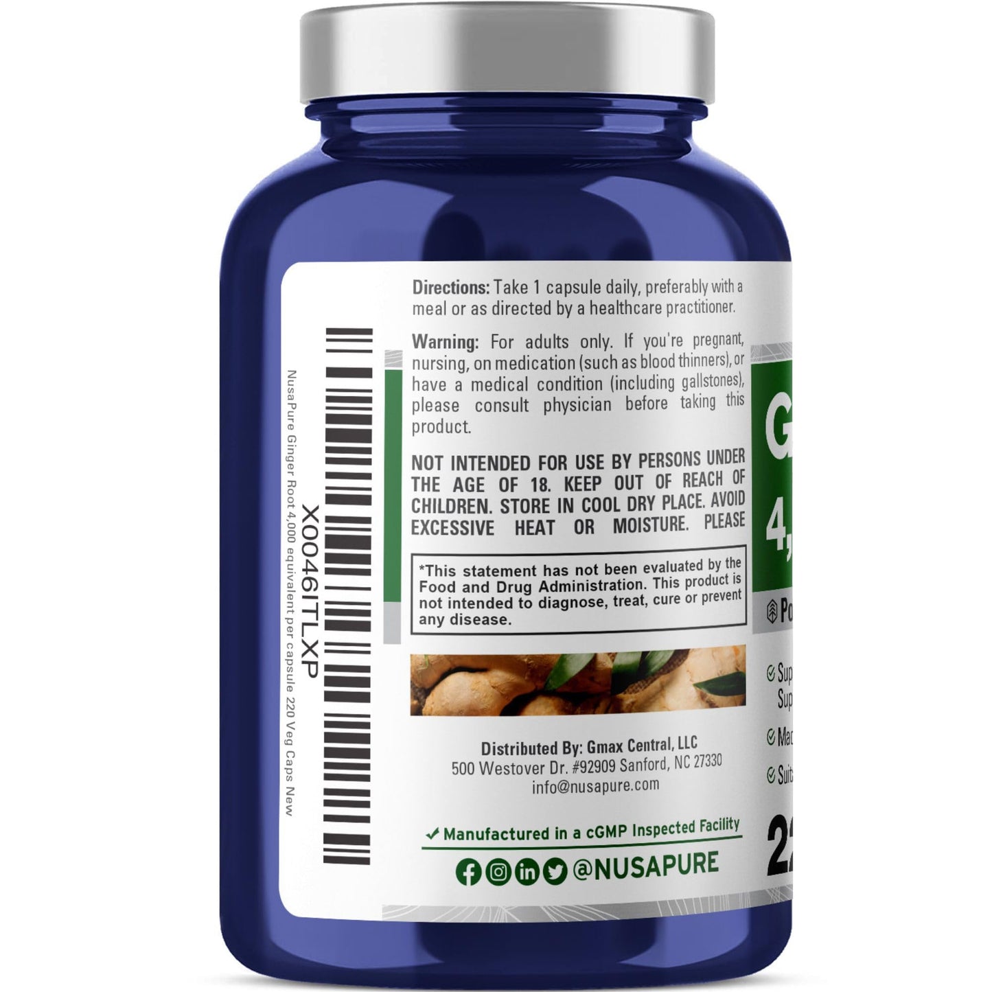 NusaPure Ginger Root Capsules 20:1 Extract, 200 mg Equivalent to 4,000mg per Veggie Caps | 220 Count | Non-GMO & Vegan - Maple Wellness Supplements