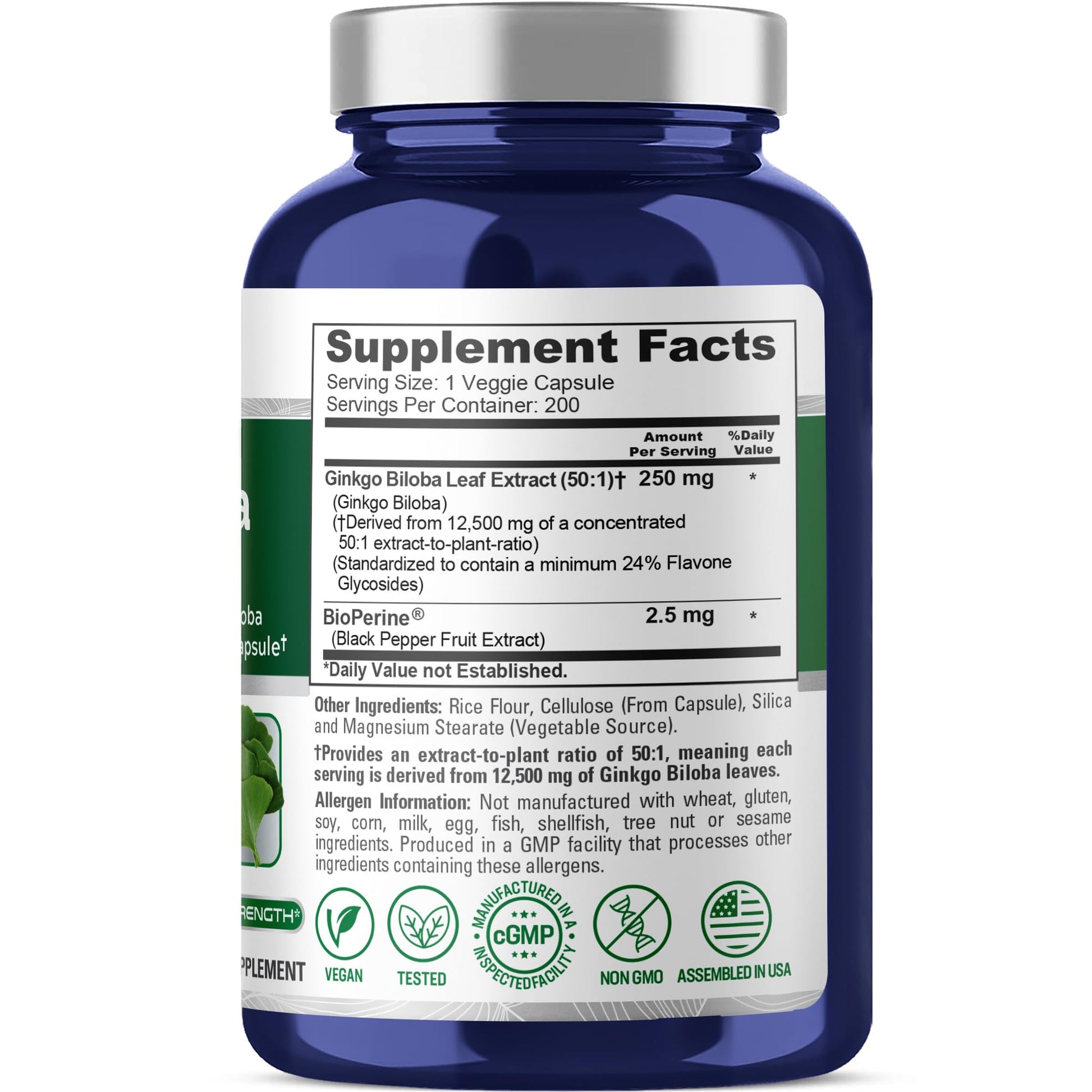 NusaPure Ginkgo Biloba 50:1 Extract, 250 mg Equivalent to 12,500 mg per Veggie Caps 200 Capsules (Vegetarian, Non-GMO, Vegan) Bioperine - Maple Wellness Supplements