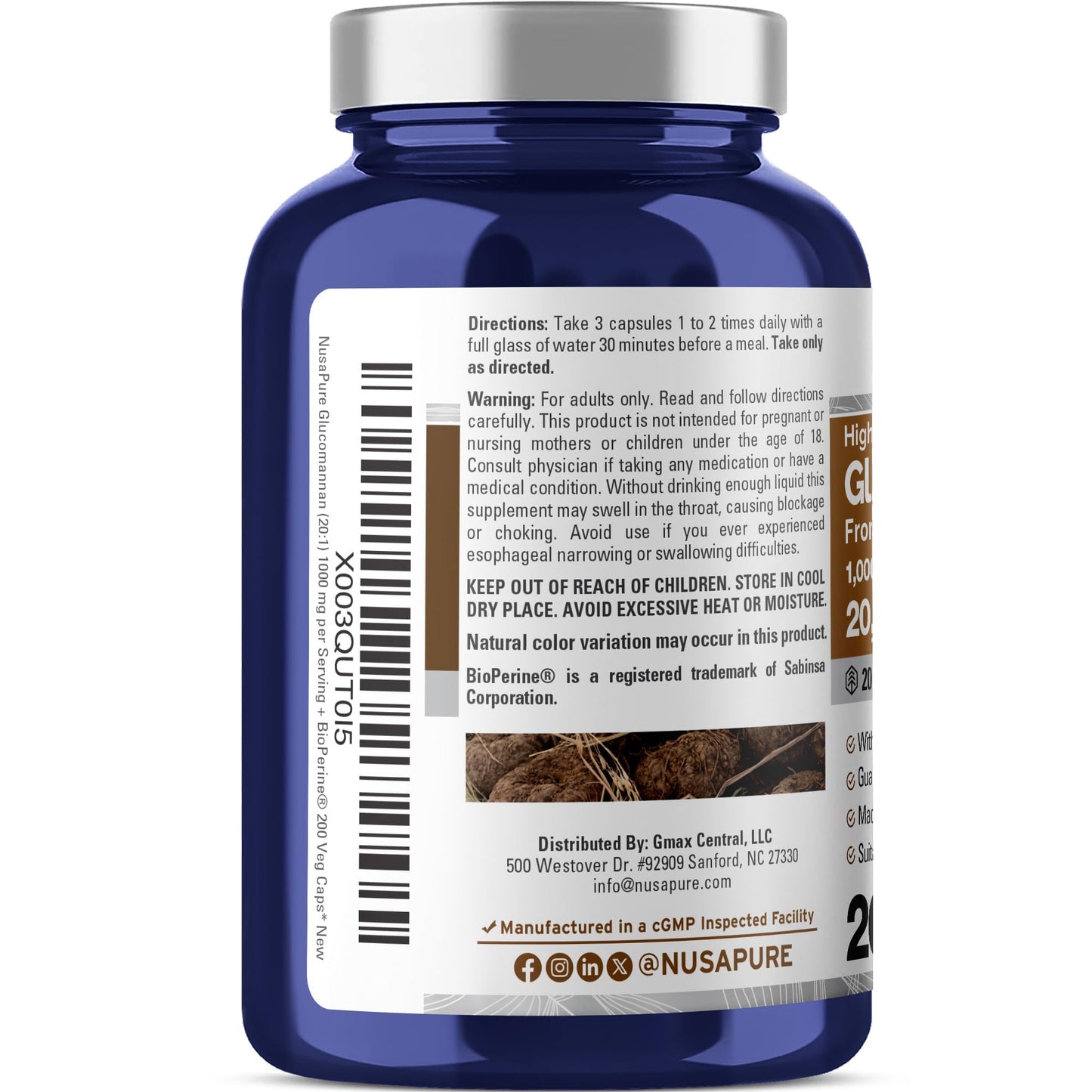 NusaPure Glucomannan 20,000 mg per Serving 200 VCaps (20:1 Extract, BioPerine Non-GMO, Vegan) Konjac Root - Maple Wellness Supplements