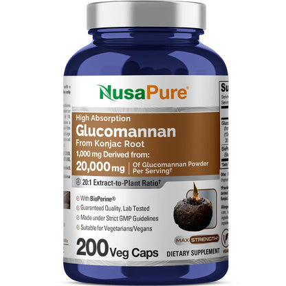 NusaPure Glucomannan 20,000 mg per Serving 200 VCaps (20:1 Extract, BioPerine Non-GMO, Vegan) Konjac Root - Maple Wellness Supplements