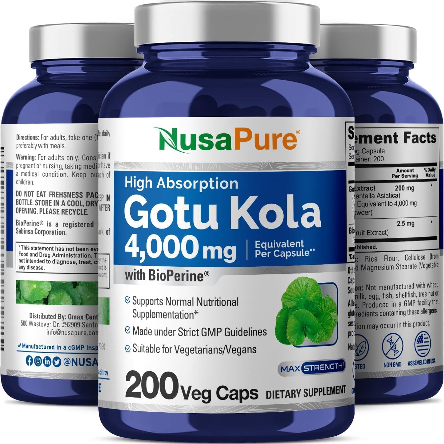 NusaPure Gotu Kola Capsules 20:1 Extract, 200 mg Equivalent to 4000mg Per Veggie Caps, 200 Count, Non-GMO, Vegan, Bioperine - Traditional Herb Extract - Maple Wellness Supplements