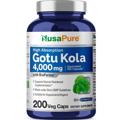NusaPure Gotu Kola Capsules 20:1 Extract, 200 mg Equivalent to 4000mg Per Veggie Caps, 200 Count, Non-GMO, Vegan, Bioperine - Traditional Herb Extract - Maple Wellness Supplements