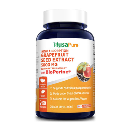 NusaPure Grapefruit Extract 5,000 mg per Capsule (Extract 10:1) Bioperine 150 Veggie caps (Gluten Free & Non-GMO) - Maple Wellness Supplements