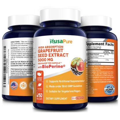 NusaPure Grapefruit Extract 5,000 mg per Capsule (Extract 10:1) Bioperine 150 Veggie caps (Gluten Free & Non-GMO) - Maple Wellness Supplements