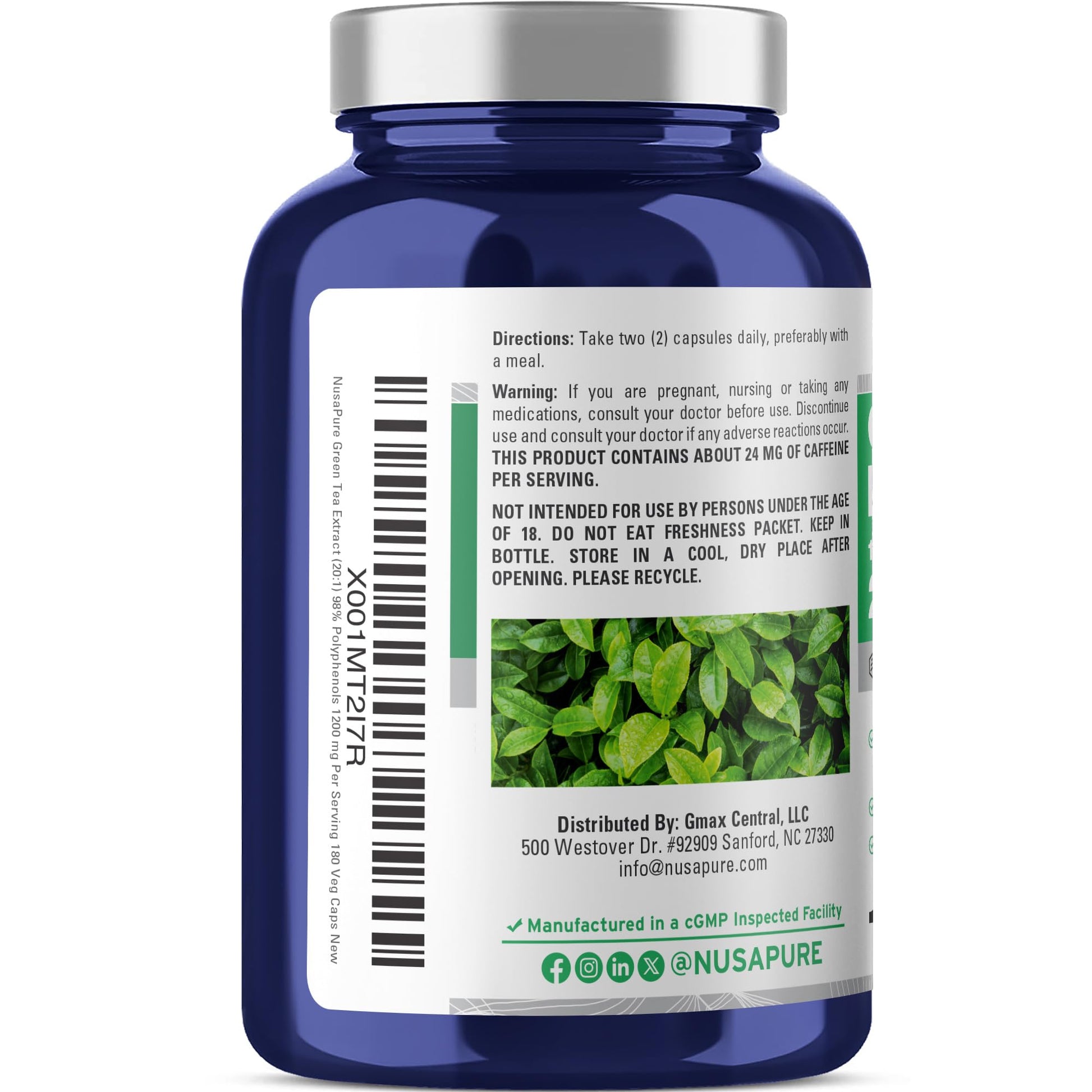NusaPure Green Tea 20:1 Extract, 1200 mg Equivalent to 24000mg, 180 Vegan Capsules, 50% EGCG, 98% Polyphenols, 80% Catechins - Maple Wellness Supplements