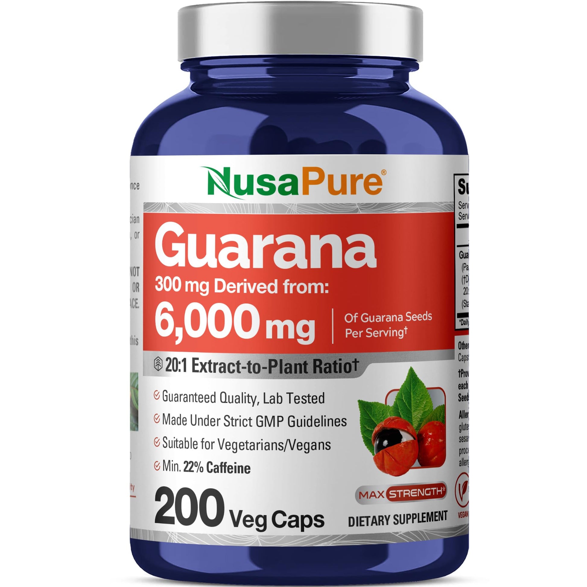 NusaPure Guarana Extract 20:1 Extract, 300 mg Equivalent to 6,000 mg per Veggie Caps 200 Count (Non-GMO, Vegan) - Maple Wellness Supplements
