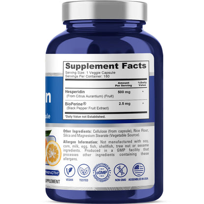 NusaPure Hesperidin 500 mg per Veggie Caps - 180 Capsules (BioPerine, High Absorption, Non-GMO) - Maple Wellness Supplements