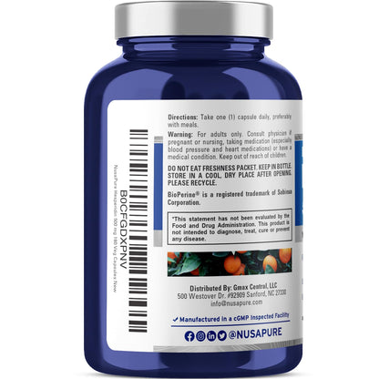 NusaPure Hesperidin 500 mg per Veggie Caps - 180 Capsules (BioPerine, High Absorption, Non-GMO) - Maple Wellness Supplements