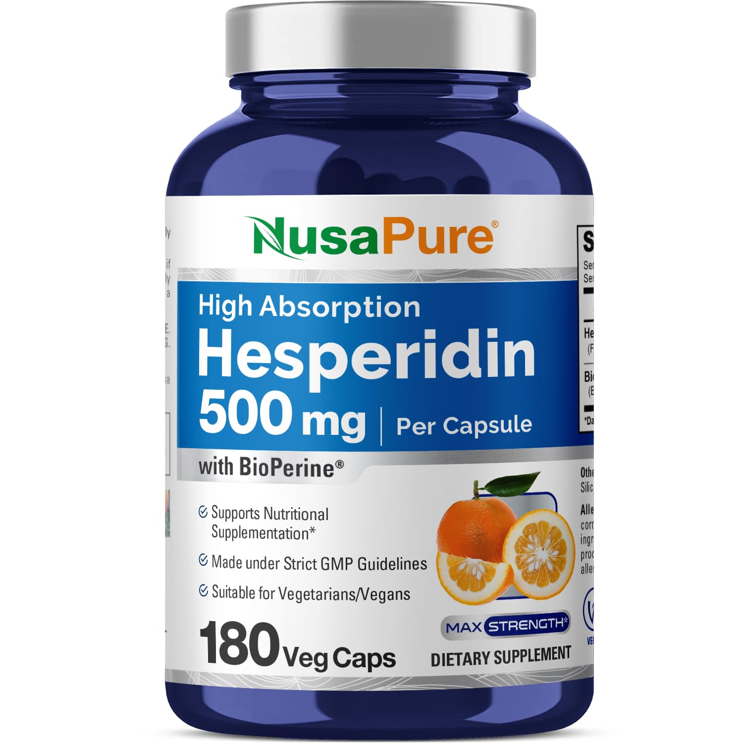 NusaPure Hesperidin 500 mg per Veggie Caps - 180 Capsules (BioPerine, High Absorption, Non-GMO) - Maple Wellness Supplements