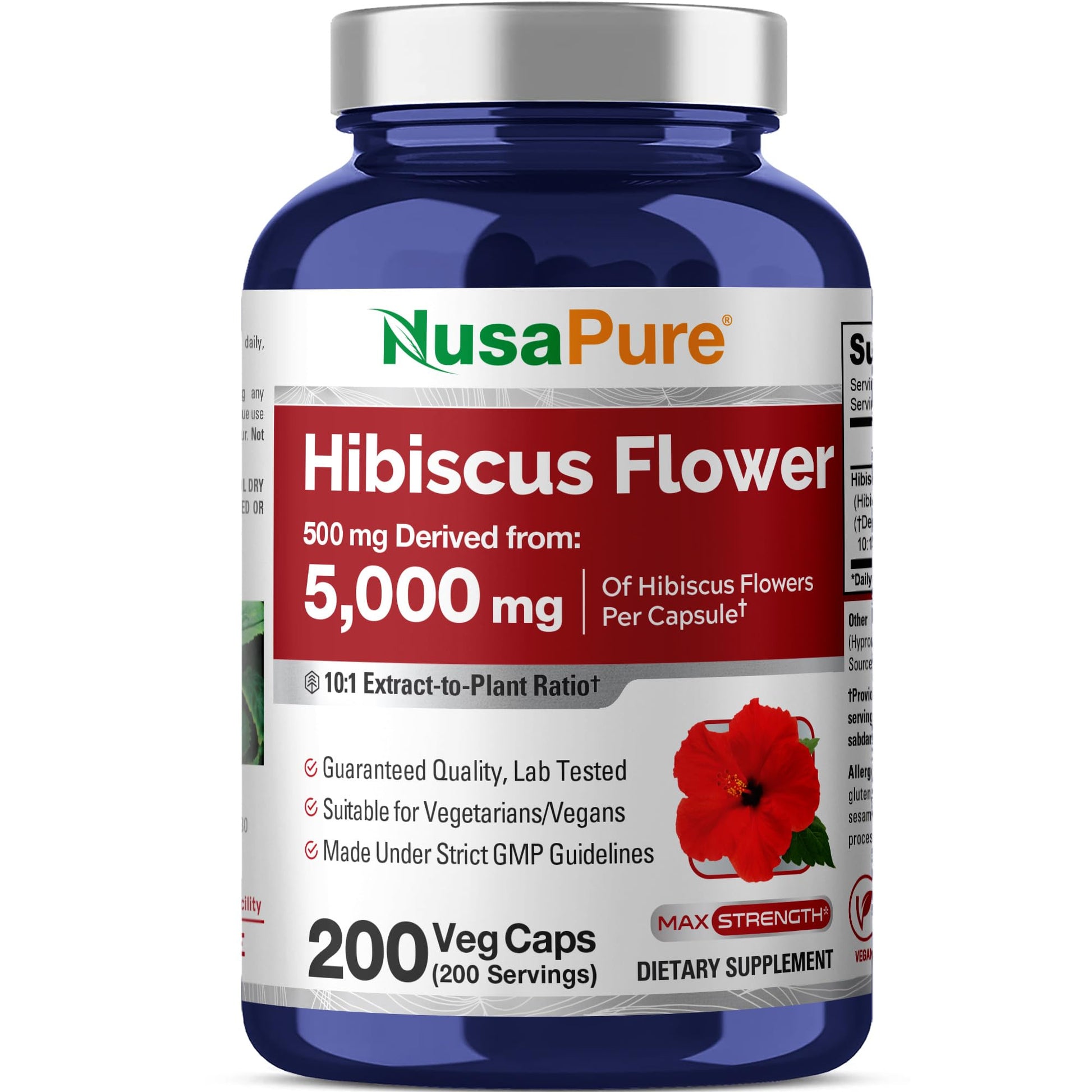 NusaPure Hibiscus Flower 10:1 Extract, 500 mg Equivalent to 5000mg 200 Vegetarian Caps (Non-GMO, Vegan) - Maple Wellness Supplements