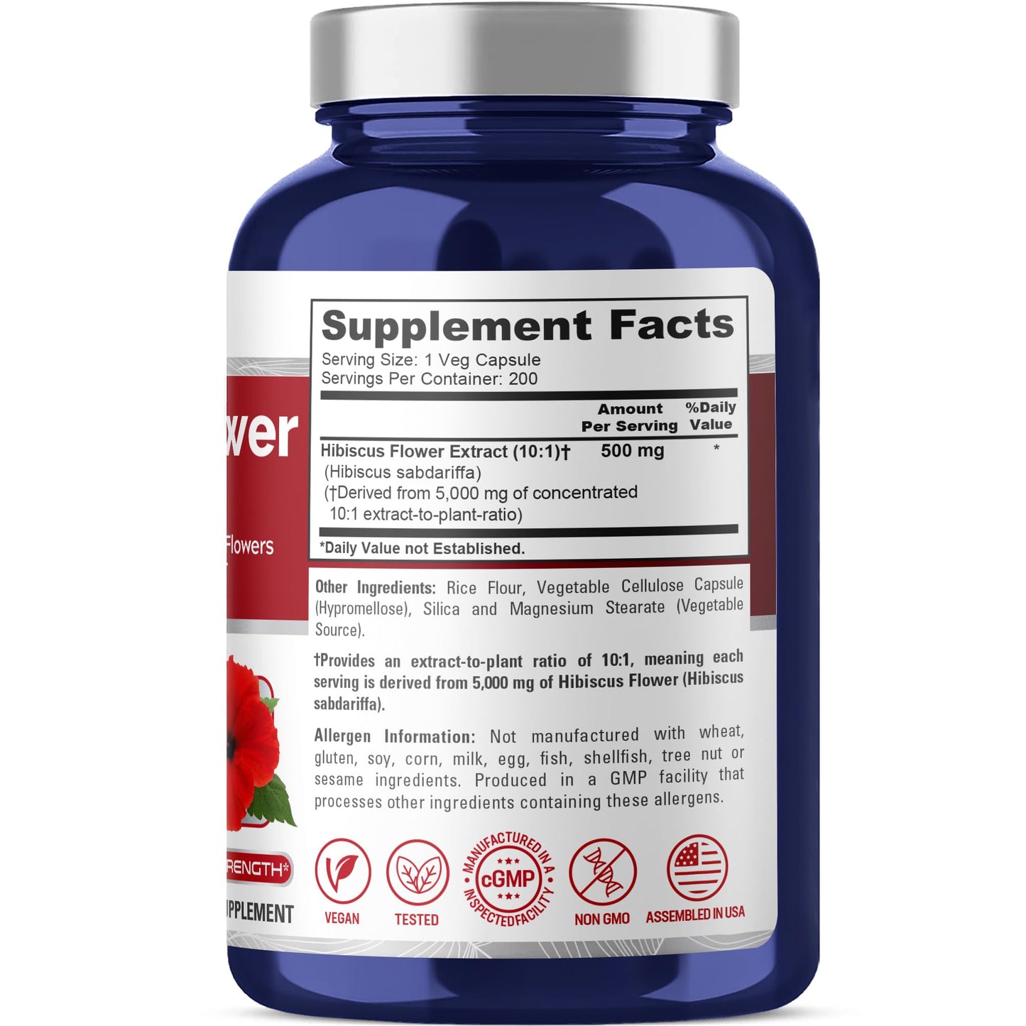 NusaPure Hibiscus Flower 10:1 Extract, 500 mg Equivalent to 5000mg 200 Vegetarian Caps (Non-GMO, Vegan) - Maple Wellness Supplements