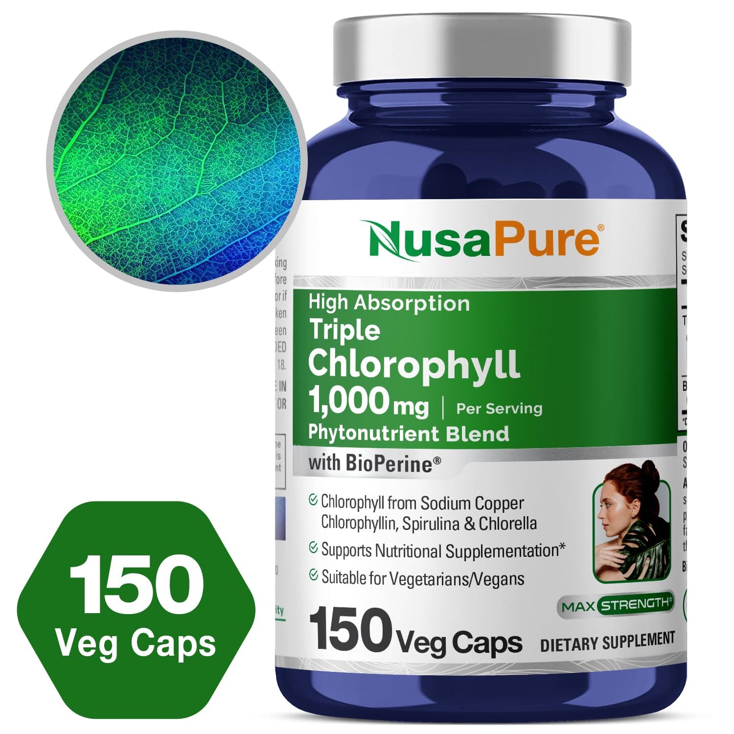 NusaPure High Absorption Triple Chlorophyll 1000 mg 150 Veg Caps Suitable for Vegetarians and Vegans, Non-GMO - Maple Wellness Supplements