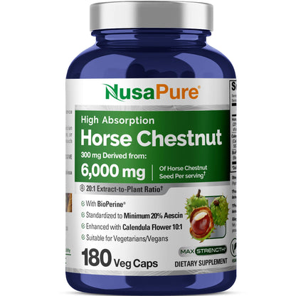 NusaPure Horse Chestnut 20:1 Extract, 300 mg Equivalent to 6,000mg 180 Veggie Caps Non-GMO, Vegan, BioPerine, Calendula Flower - Maple Wellness Supplements