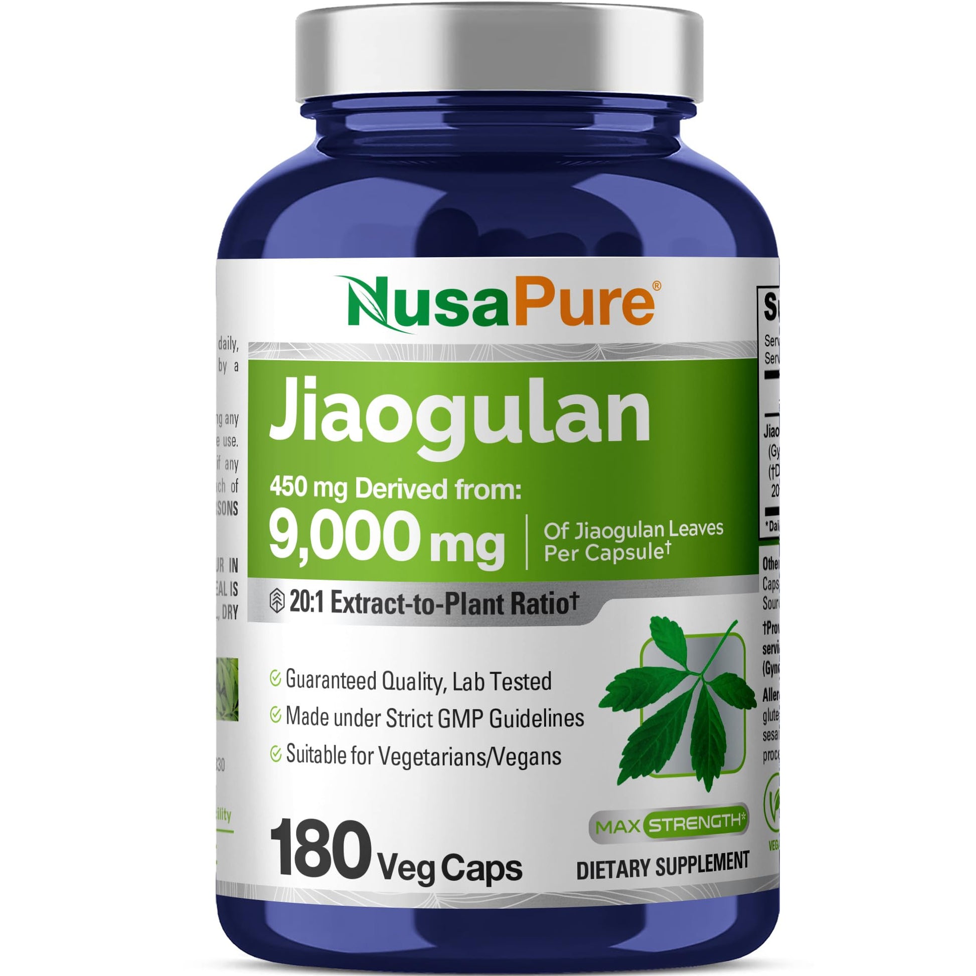 NusaPure Jiaogulan 20:1 Extract, 450 mg Equivalent to 9,000mg 180 Veggie Capsules (Vegetarian, Non-GMO, Vegan) Gynostemma Pentaphyllum - Maple Wellness Supplements