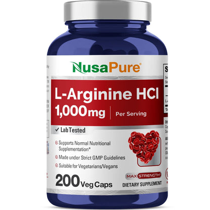 NusaPure L-Arginine 1000 mg 200 Veggie Capsules (Non-GMO, Vegetarian, Vegan) - Maple Wellness Supplements