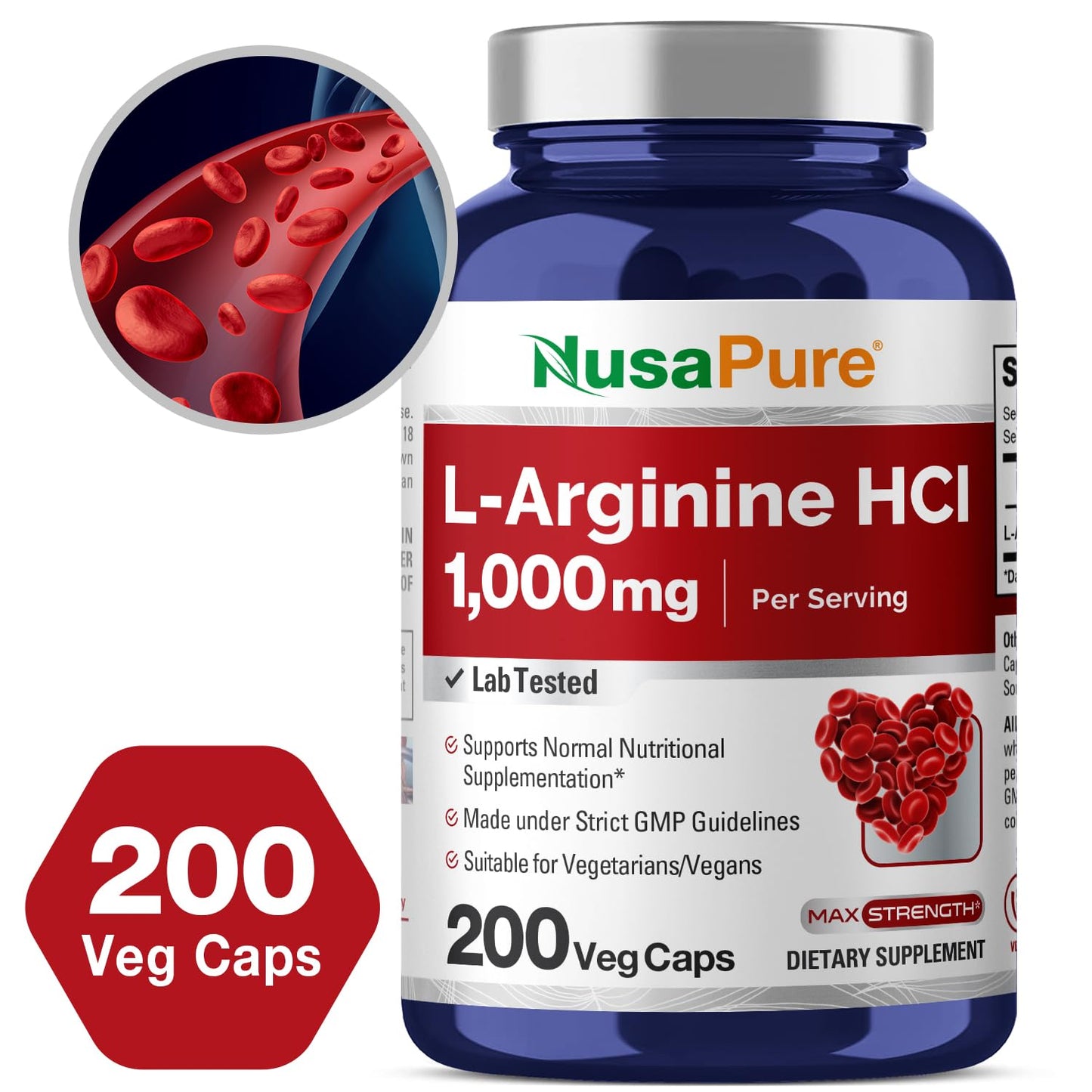 NusaPure L-Arginine 1000 mg 200 Veggie Capsules (Non-GMO, Vegetarian, Vegan) - Maple Wellness Supplements