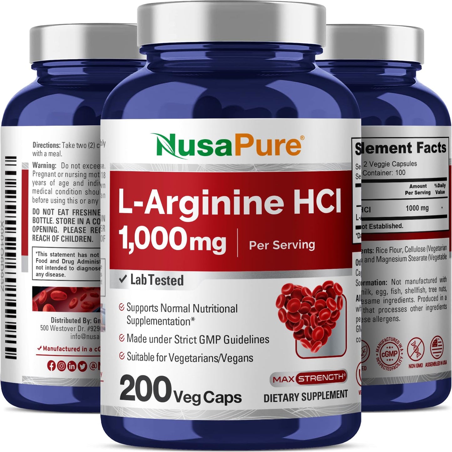 NusaPure L-Arginine 1000 mg 200 Veggie Capsules (Non-GMO, Vegetarian, Vegan) - Maple Wellness Supplements