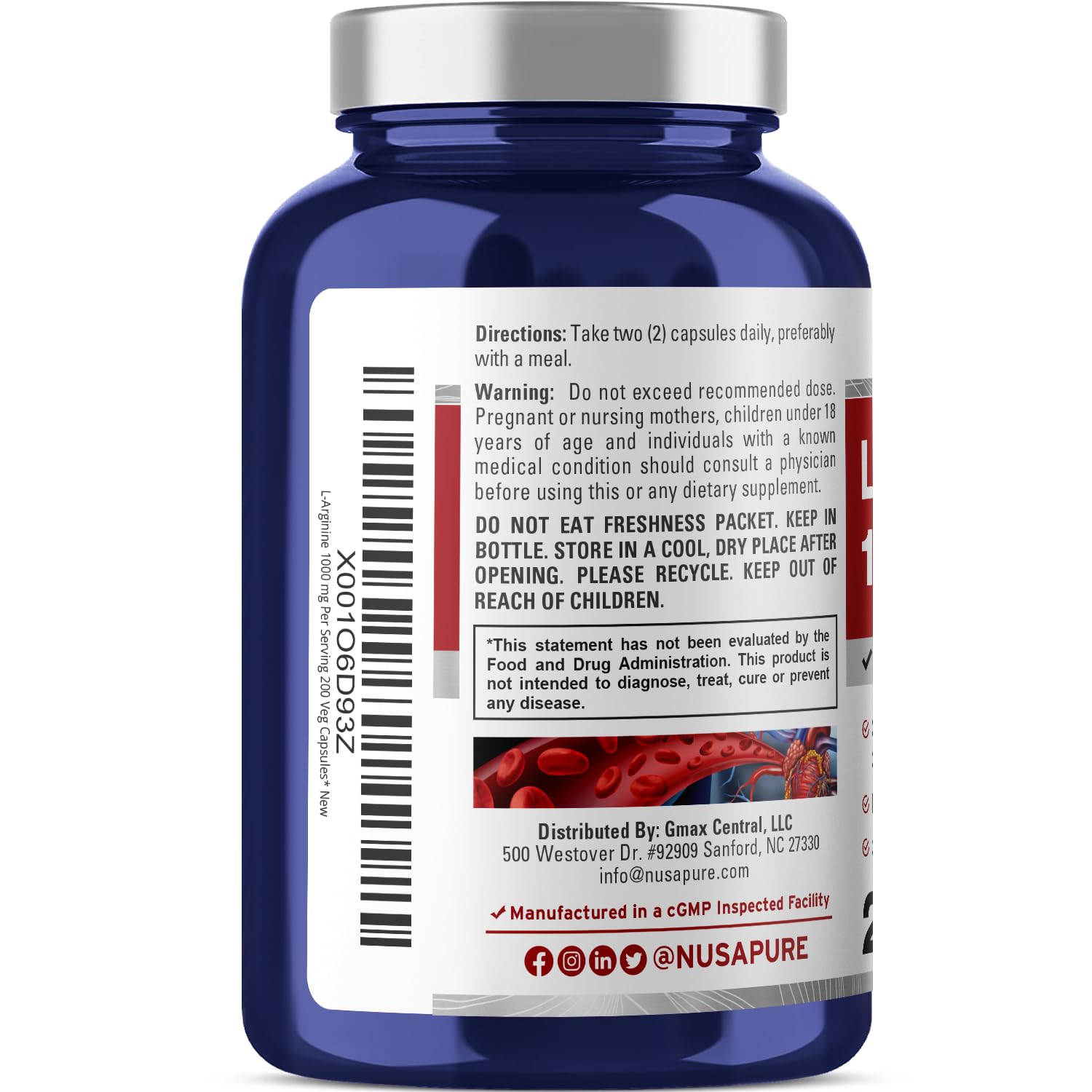 NusaPure L-Arginine 1000 mg 200 Veggie Capsules (Non-GMO, Vegetarian, Vegan) - Maple Wellness Supplements