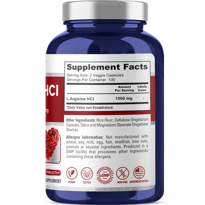 NusaPure L-Arginine 1000 mg 200 Veggie Capsules (Non-GMO, Vegetarian, Vegan) - Maple Wellness Supplements