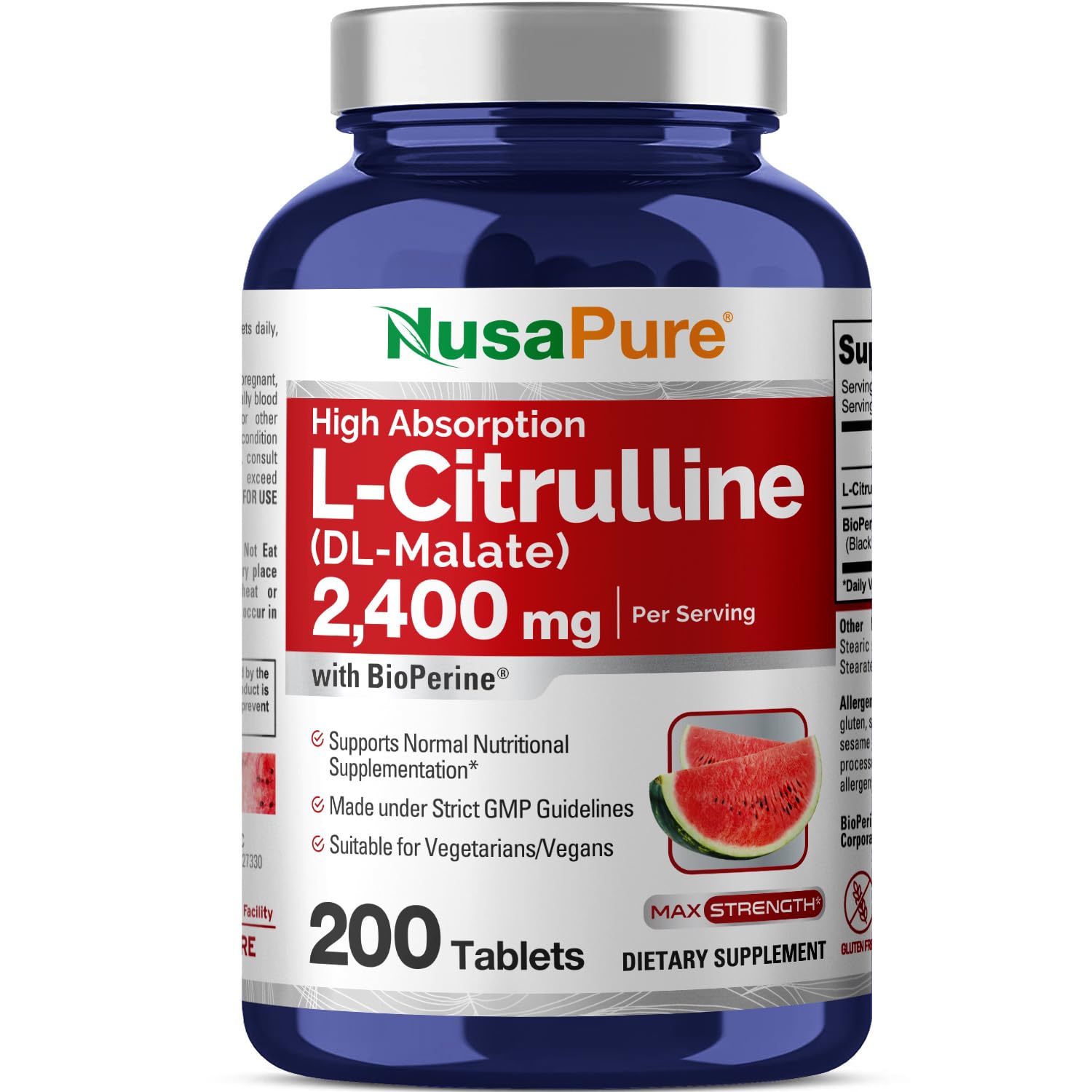 NusaPure L-Citrulline 2,400mg 200 Vegetarian Tablets (Non-GMO, Gluten Free, 100-Day Supply, Bioperine) - Maple Wellness Supplements