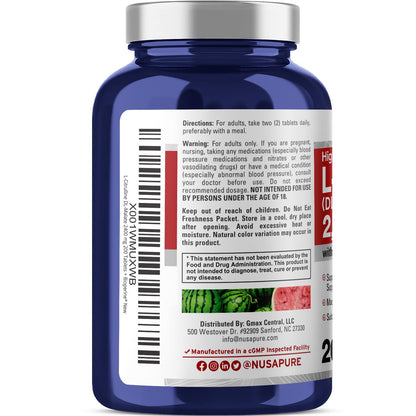 NusaPure L-Citrulline 2,400mg 200 Vegetarian Tablets (Non-GMO, Gluten Free, 100-Day Supply, Bioperine) - Maple Wellness Supplements