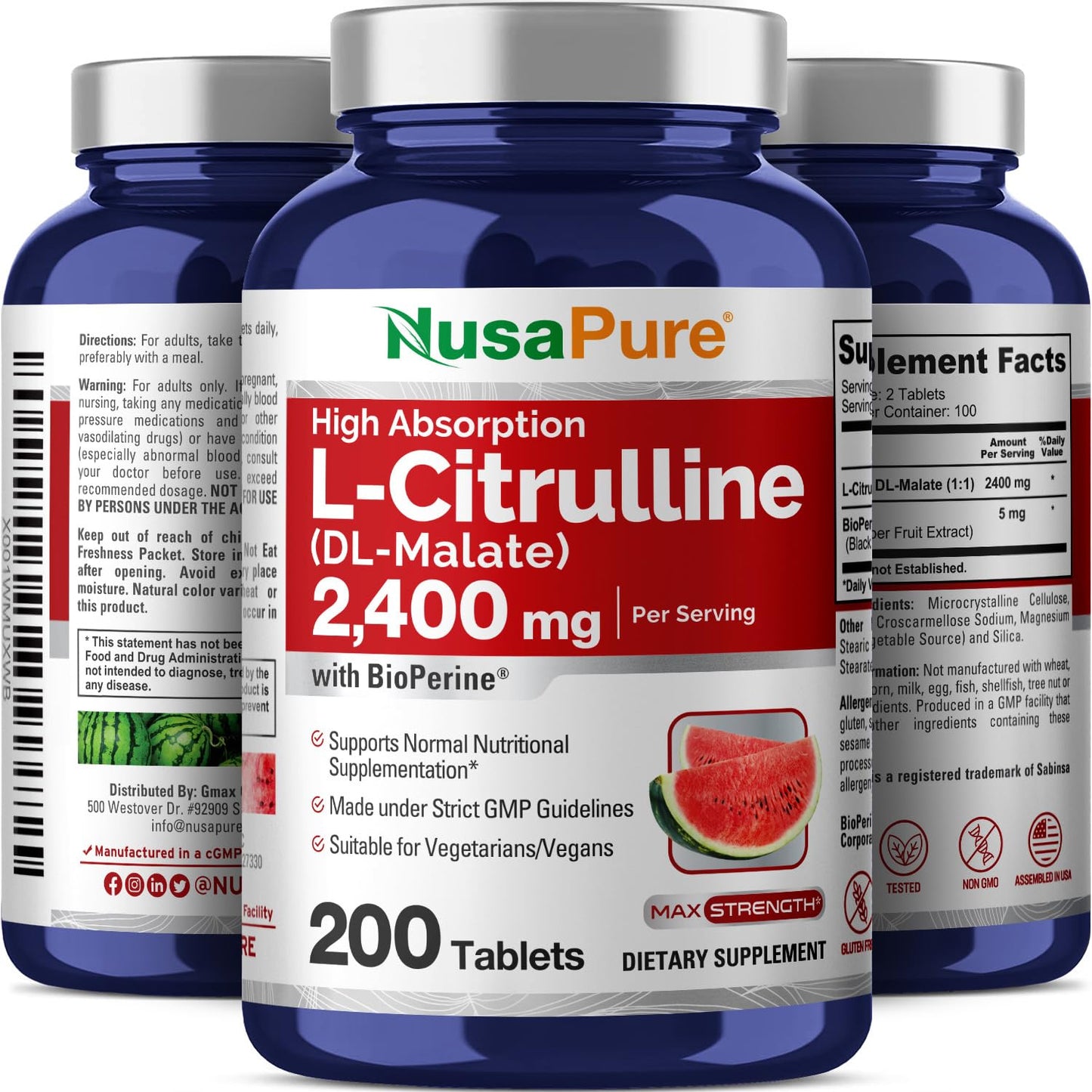 NusaPure L-Citrulline 2,400mg 200 Vegetarian Tablets (Non-GMO, Gluten Free, 100-Day Supply, Bioperine) - Maple Wellness Supplements