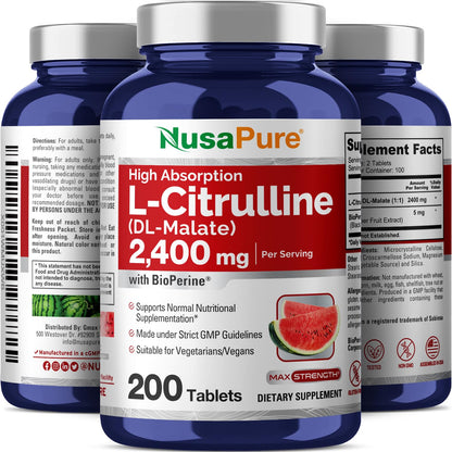 NusaPure L-Citrulline 2,400mg 200 Vegetarian Tablets (Non-GMO, Gluten Free, 100-Day Supply, Bioperine) - Maple Wellness Supplements