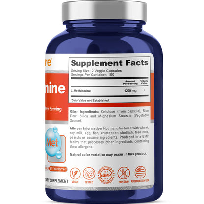NusaPure L Methionine 1200mg | 200 Capsules | Non-GMO | Vegan Supplement - Maple Wellness Supplements