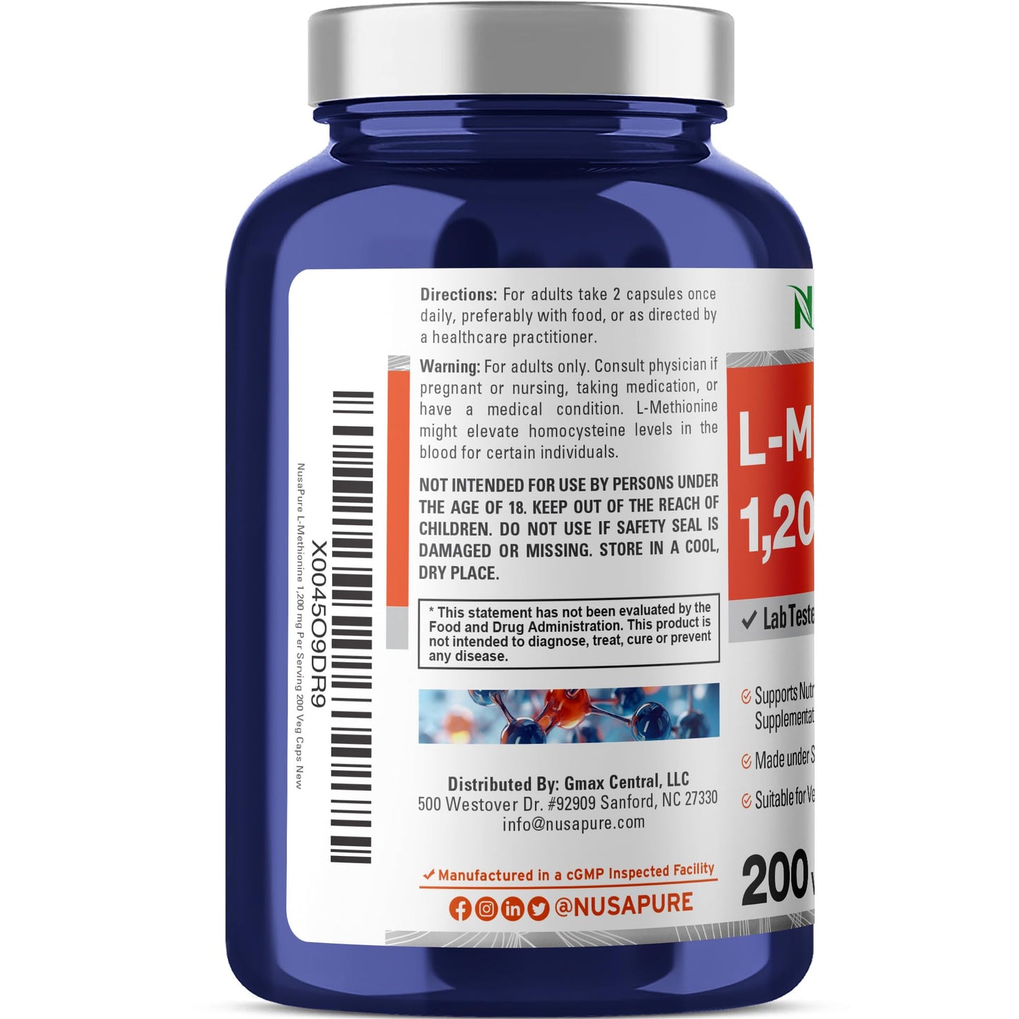 NusaPure L Methionine 1200mg | 200 Capsules | Non-GMO | Vegan Supplement - Maple Wellness Supplements