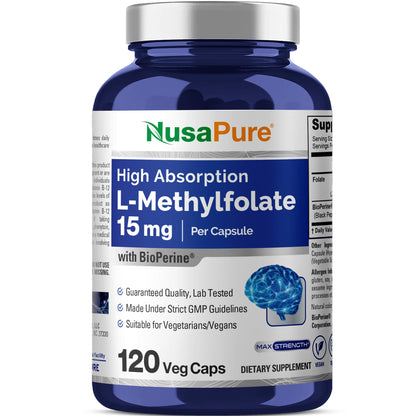 NusaPure L Methylfolate 15mg, 120 Veggie Capsules, Bioperine & Vegan - Maple Wellness Supplements