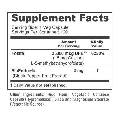NusaPure L Methylfolate 15mg, 120 Veggie Capsules, Bioperine & Vegan - Maple Wellness Supplements