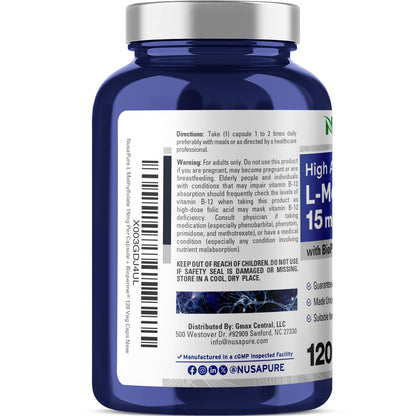 NusaPure L Methylfolate 15mg, 120 Veggie Capsules, Bioperine & Vegan - Maple Wellness Supplements