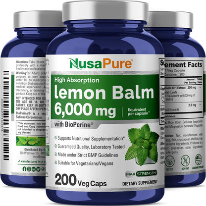 NusaPure Lemon Balm 30:1 Extract, 200 mg Equivalent to 6000mg Per Vegan Caps - 200 Count Non-GMO, Vegan Bioperine - Maple Wellness Supplements