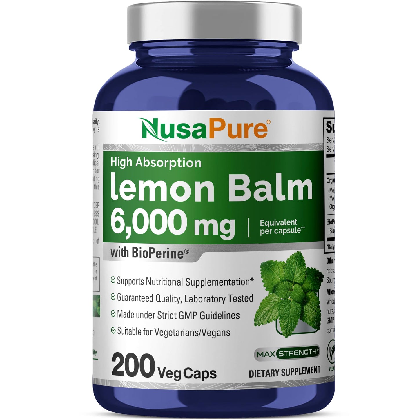 NusaPure Lemon Balm 30:1 Extract, 200 mg Equivalent to 6000mg Per Vegan Caps - 200 Count Non-GMO, Vegan Bioperine - Maple Wellness Supplements