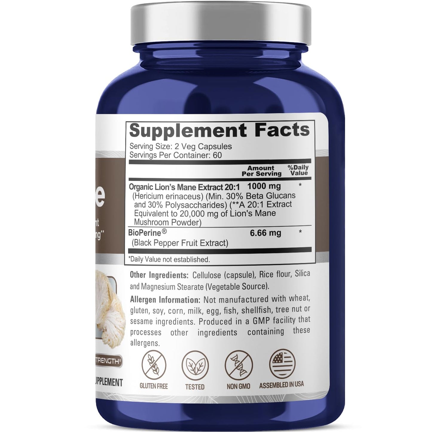 NusaPure Lions Mane 20:1 Extract (20,000 mg Equivalent) - Made with Organic Lion`s Mane, Bioperine - 30% Polysaccharides - 120 Veggie Caps. Non-GMO, Gluten Free - Maple Wellness Supplements