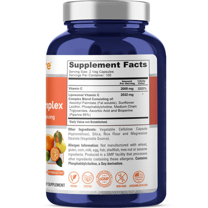 NusaPure Liposomal Vitamin C 2032mg - 200 Veggie Vegan Capsules, BioPerine - High Absorption Ascorbic Acid - Maple Wellness Supplements