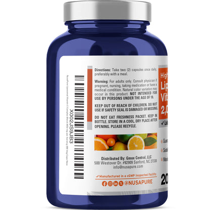 NusaPure Liposomal Vitamin C 2032mg - 200 Veggie Vegan Capsules, BioPerine - High Absorption Ascorbic Acid - Maple Wellness Supplements