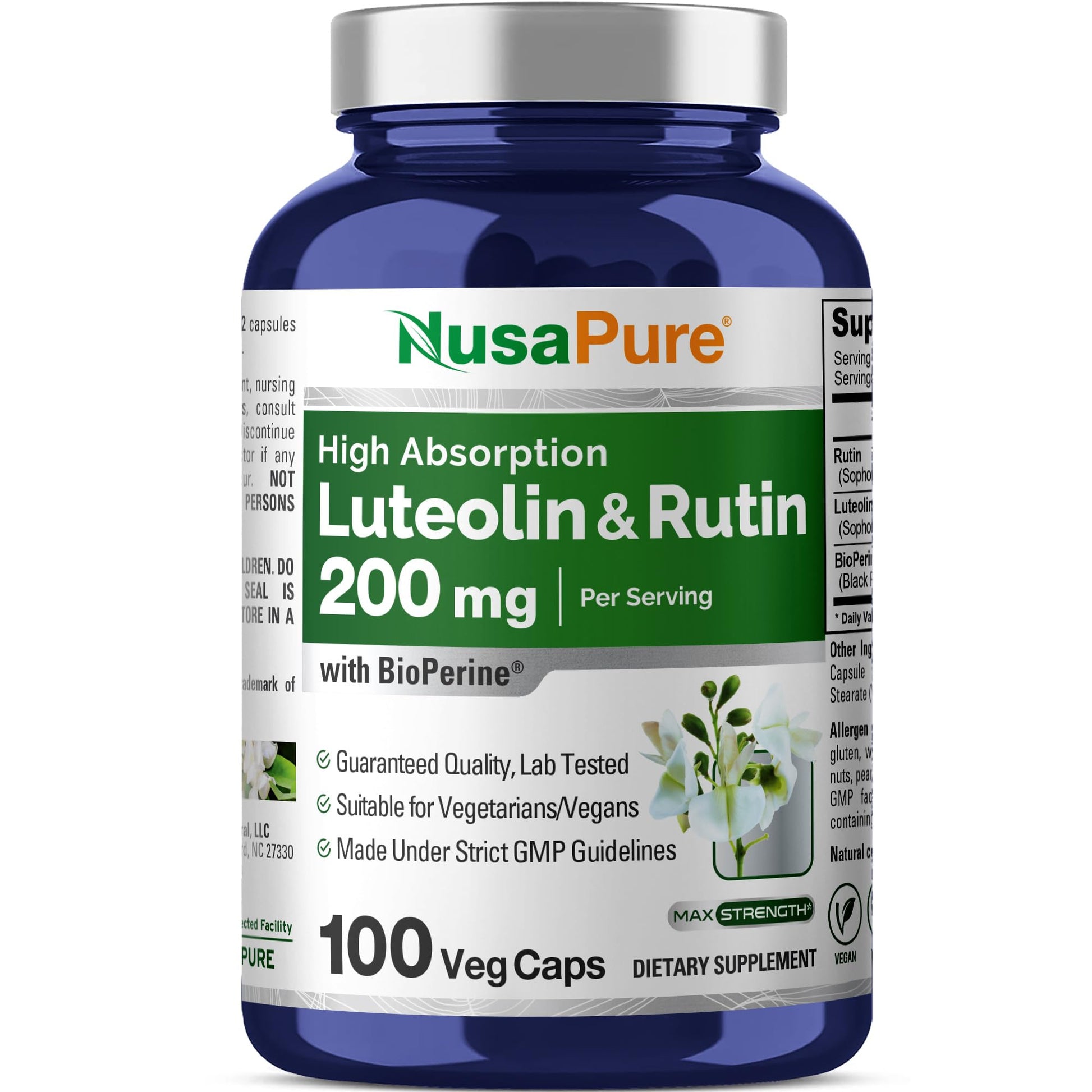 NusaPure Luteolin Complex with Rutin 200 mg | 100 Capsules | Vegetarian, Non-GMO & Vegan Flavonoid Formula - Maple Wellness Supplements