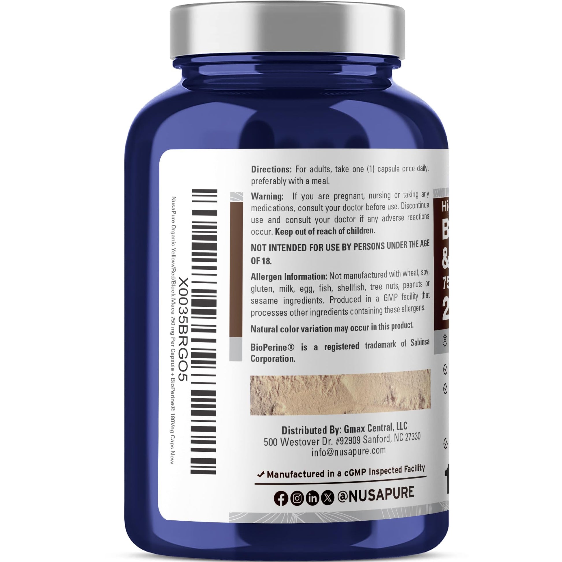 NusaPure Maca Root Black, Red, Yellow 20,000mg - 180 Vegan Capsules (Vegan,Non-GMO, Gluten Free) Bioperine - Maple Wellness Supplements
