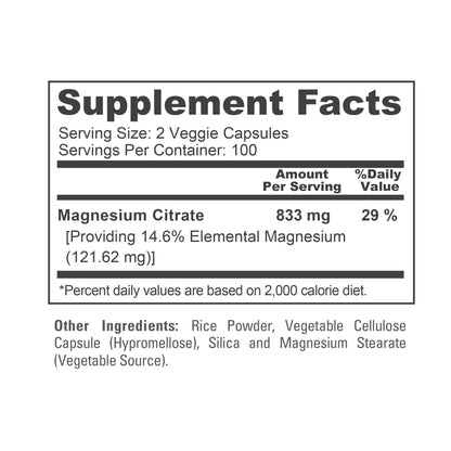 NusaPure Magnesium Citrate 833mg - 200 Veggie Capsules (Vegetarian, Non-GMO, Vegan) - Maple Wellness Supplements